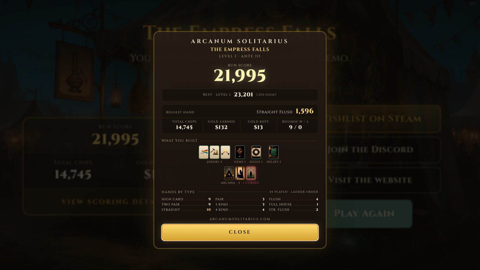 The end-of-run assay: a run score of 21,995 against a personal best of 23,201, biggest hand a Straight Flush for 1,596, and a breakdown of the Jokers, gems, sigils, inlays and Arcana built during the run.