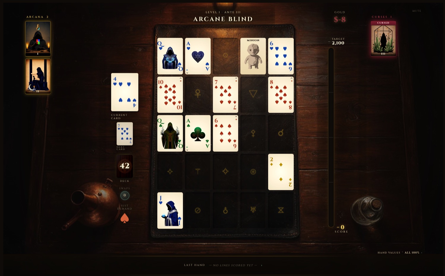 The 5x5 grid mid-run: illustrated court cards, a Joker, arcana curses, and the score climbing toward the target.
