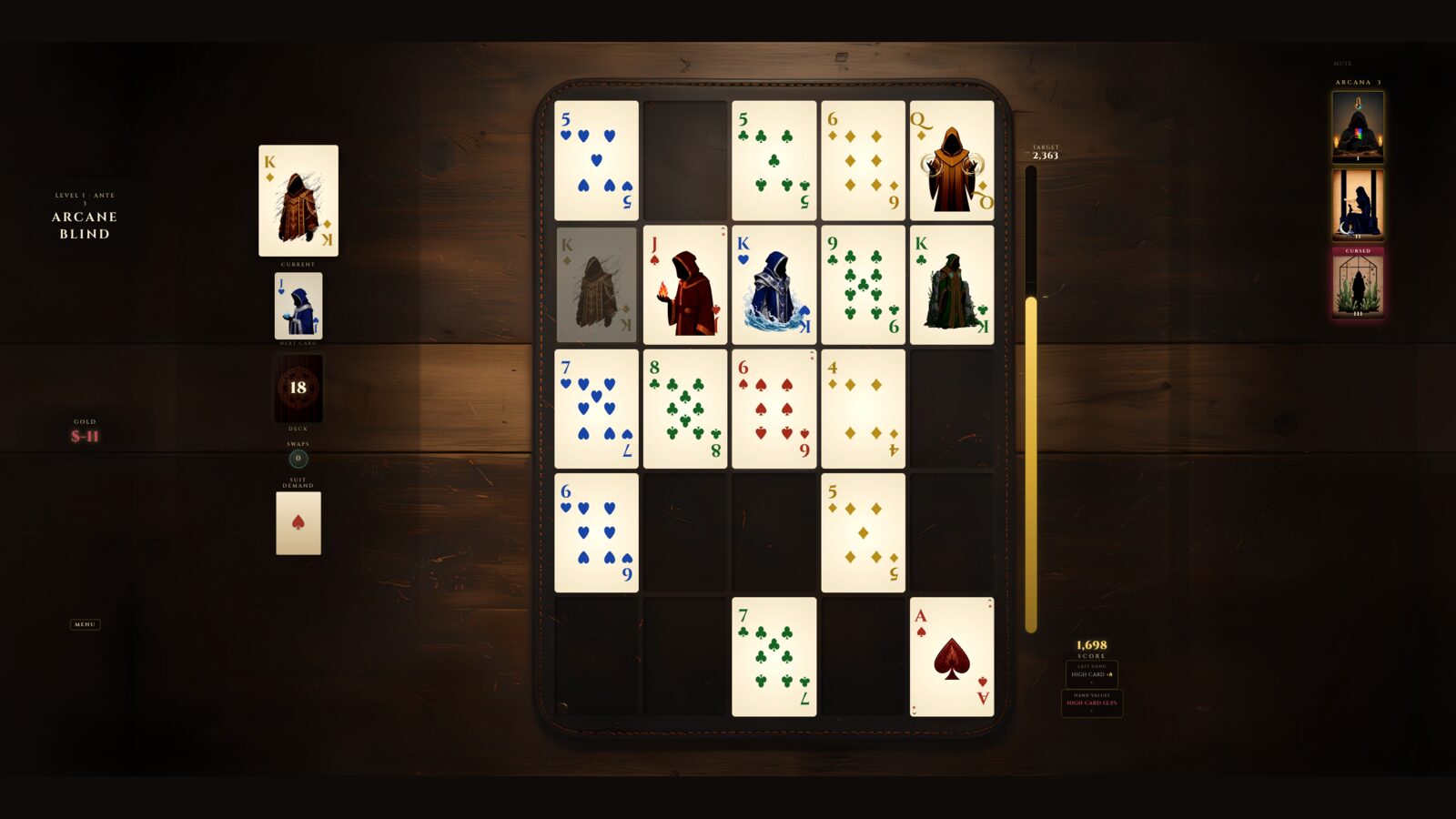 Arcanum Solitarius in play: a full 5 × 5 grid of cards on a leather mat at the third Arcane Blind, with the arcana rail, deck, target score and the blind header.