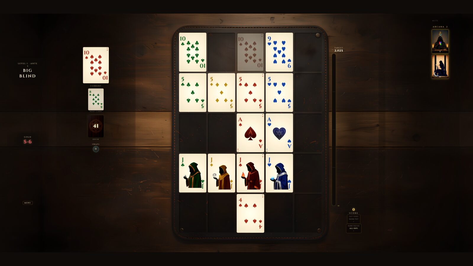 The 5 × 5 grid mid-run at a Big Blind: illustrated court cards, a Joker, arcana curses, and the score climbing toward the target.