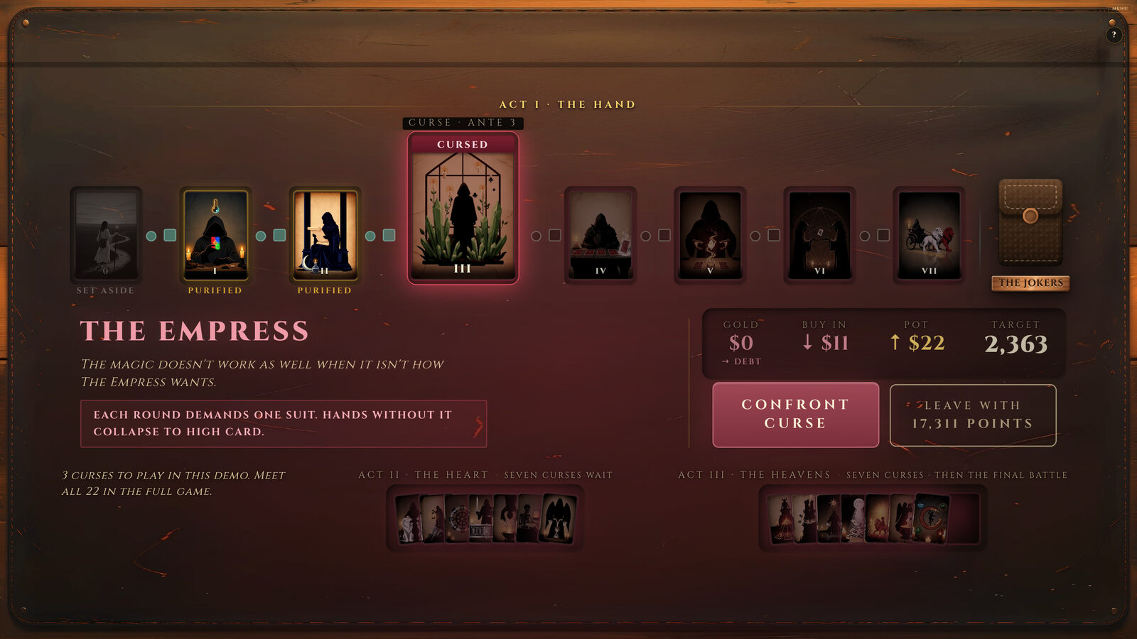 The blind start screen laying out the whole campaign: the Act I spread of Arcana from The Fool through to the boss ahead, the cards already cursed marked in red, the buy-in, pot and target, and the Acts still to come below.