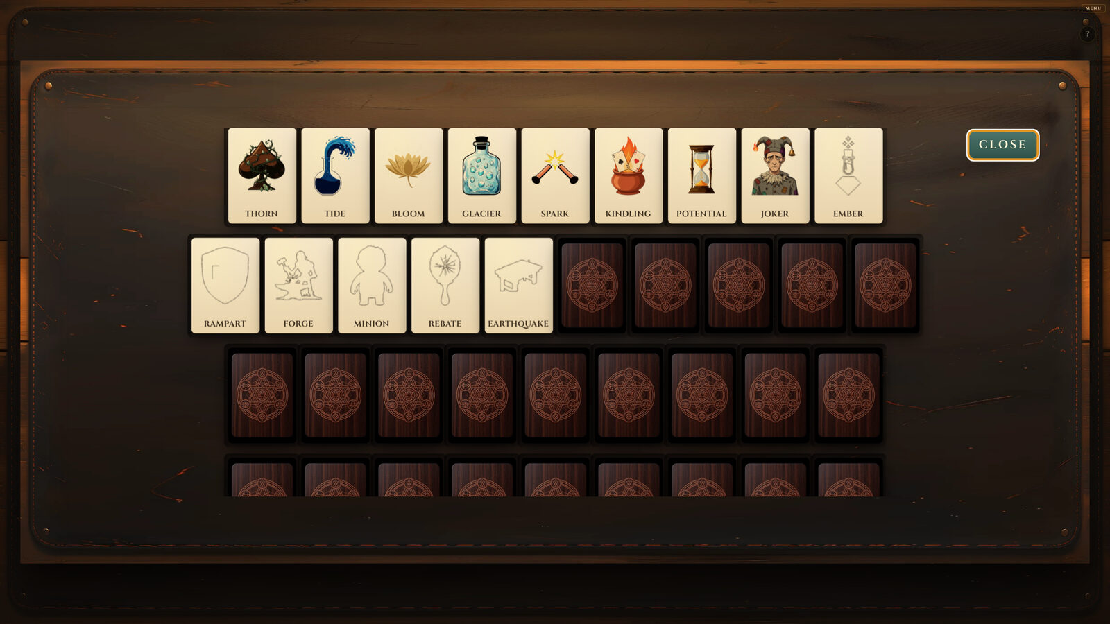 The Joker compendium: rows of unlocked Jokers with their art and names, silhouettes of Jokers discovered but not yet unlocked, and face-down cards for those still to find.