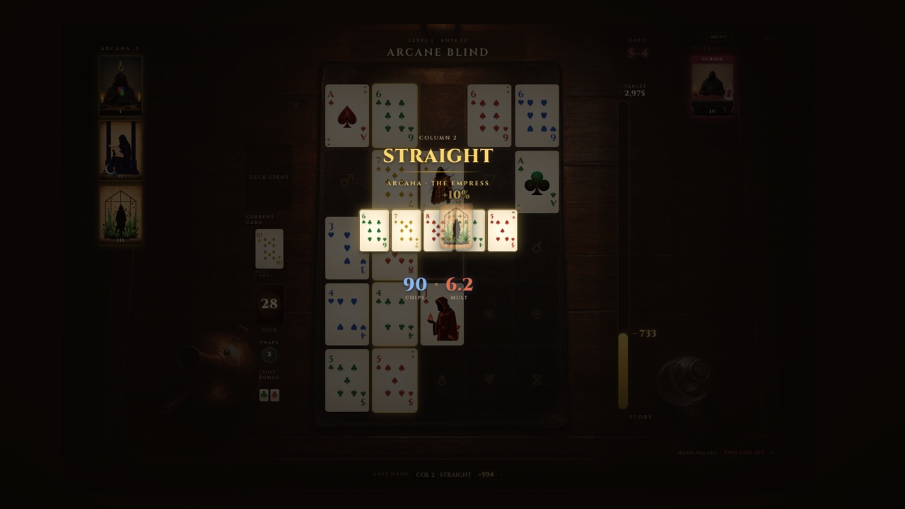 A Straight scoring on the grid: the five contributing cards lit while the rest stay dim, The Empress named above them as the source of a +10% bonus, and the running total reading 90 chips times 6.2 mult.