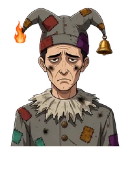 The plain Joker card: a soot-faced jester in a singed grey costume.