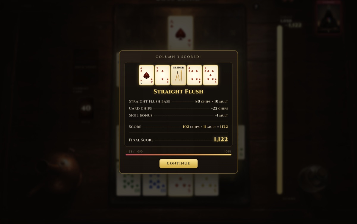 A Straight Flush scoring 1,122 — the scoring breakdown of chips and mult.