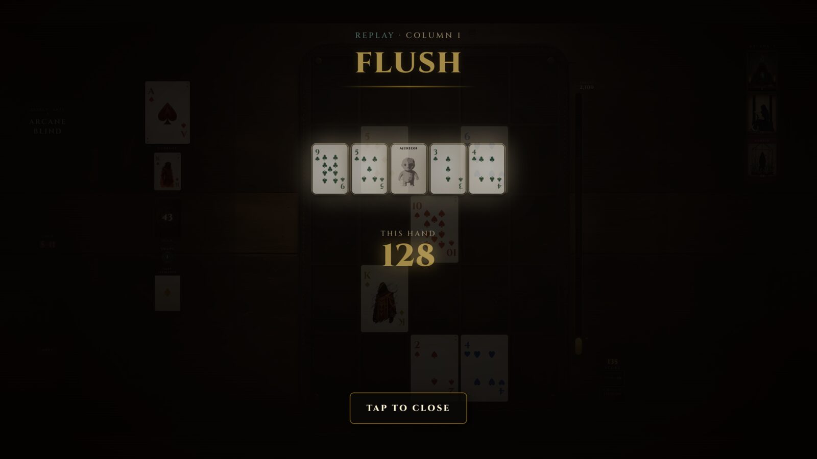 A Flush scoring on column one, replayed on the board itself.