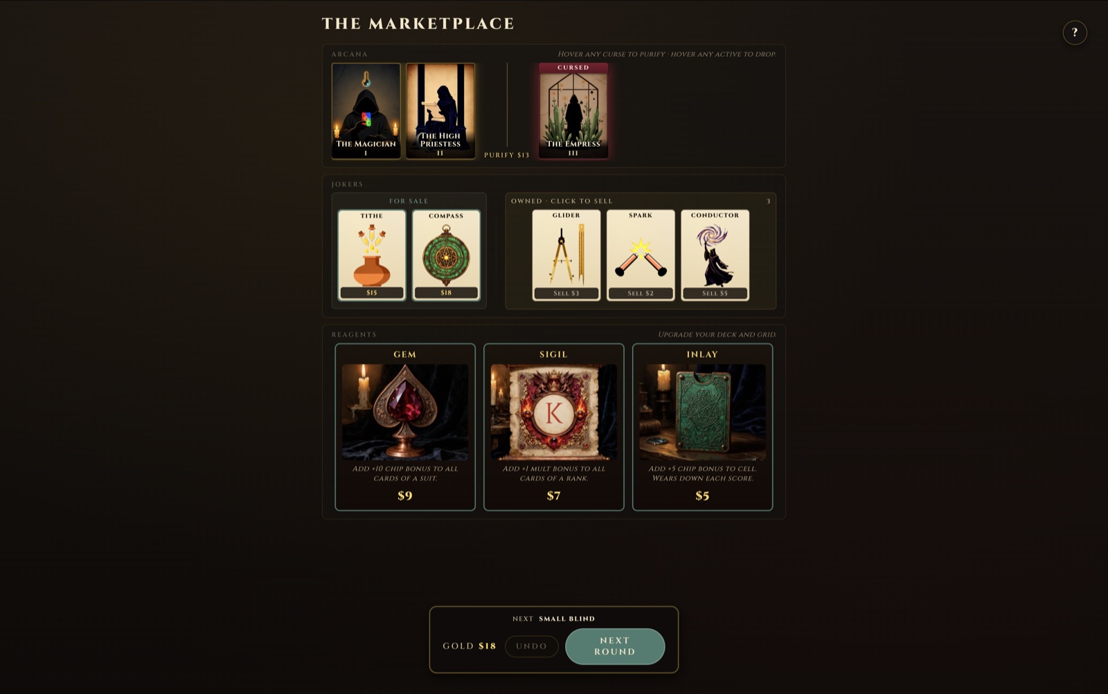 The Marketplace: jokers for sale and owned, plus reagents to upgrade your deck.