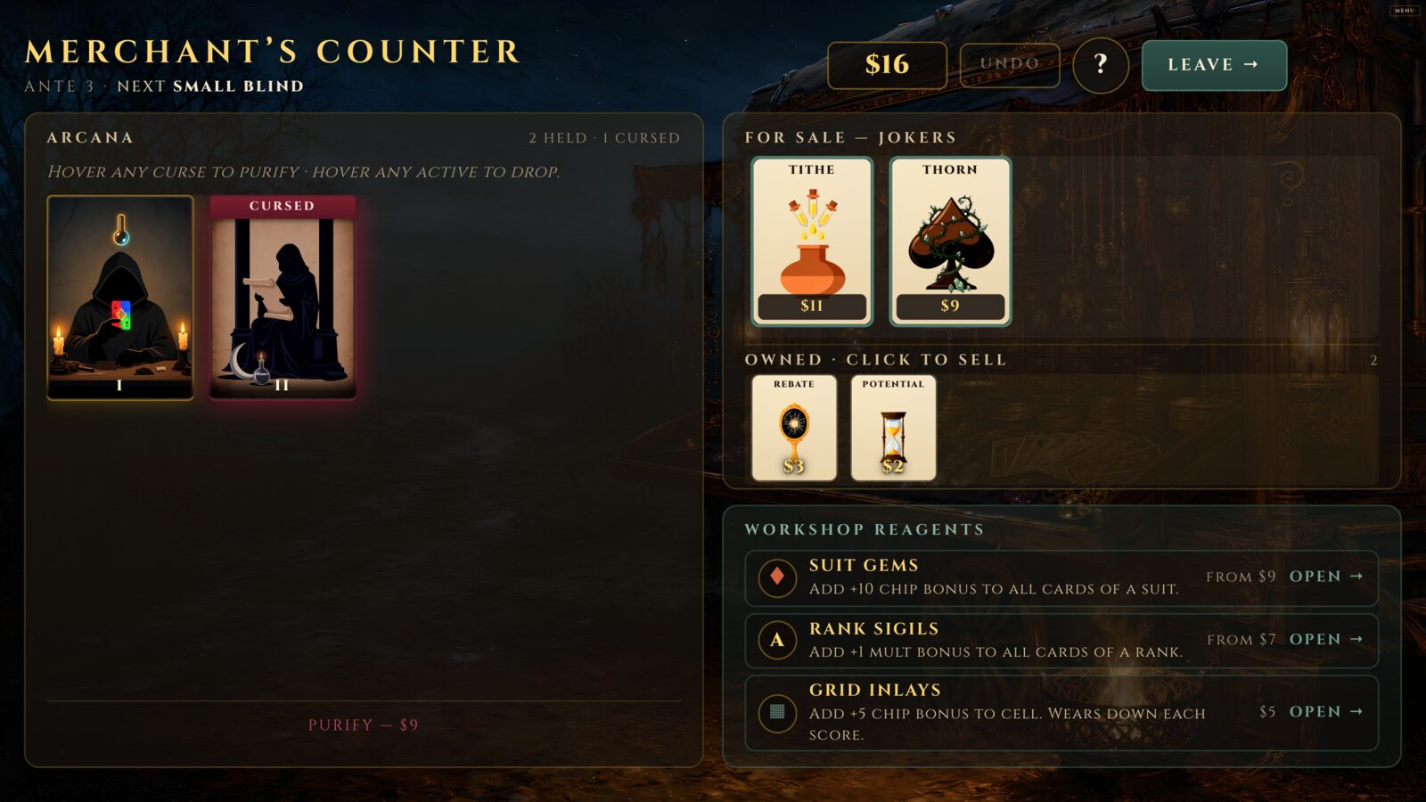 The Merchant's Counter: two Arcana held with one cursed and a purify price, Jokers for sale and Jokers owned with their sell prices, and the three reagent tracks.