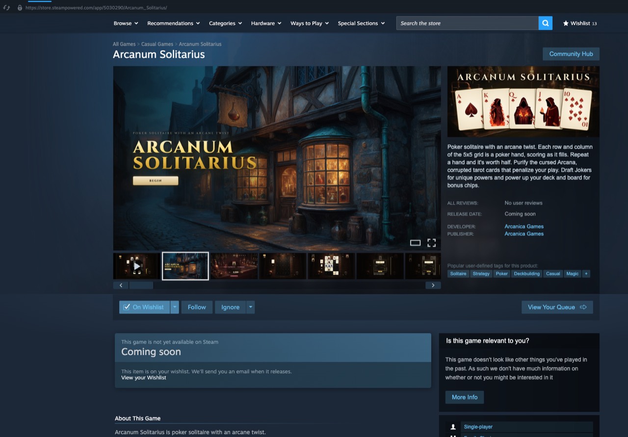 The Arcanum Solitarius store page on Steam: the apothecary shopfront title art, the capsule of five spade court cards, and a release date reading Coming soon.