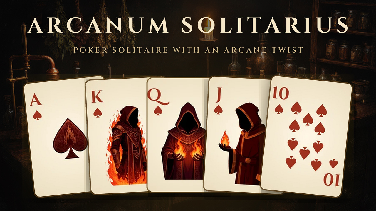 Arcanum Solitarius demo trailer: the wordmark over a royal flush of spades on the alchemist's workbench.
