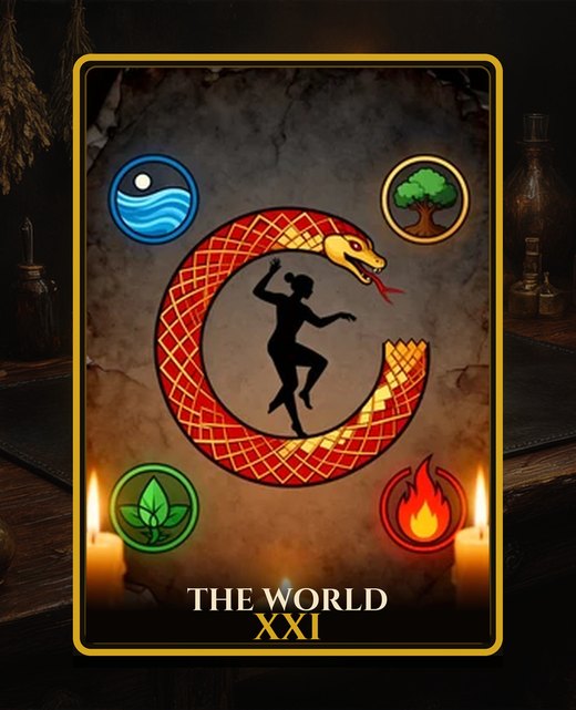 The World arcana card, upright: an ouroboros circling a dancing figure.